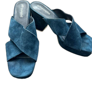 Jeffrey Campbell 3.5” platform (1”) deep blue suede sandals. Size 7.5